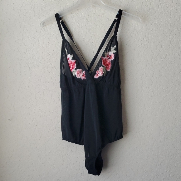 Cacique size 2 Black Sheer Bodysuit with Floral Embroidery - Picture 1 of 5